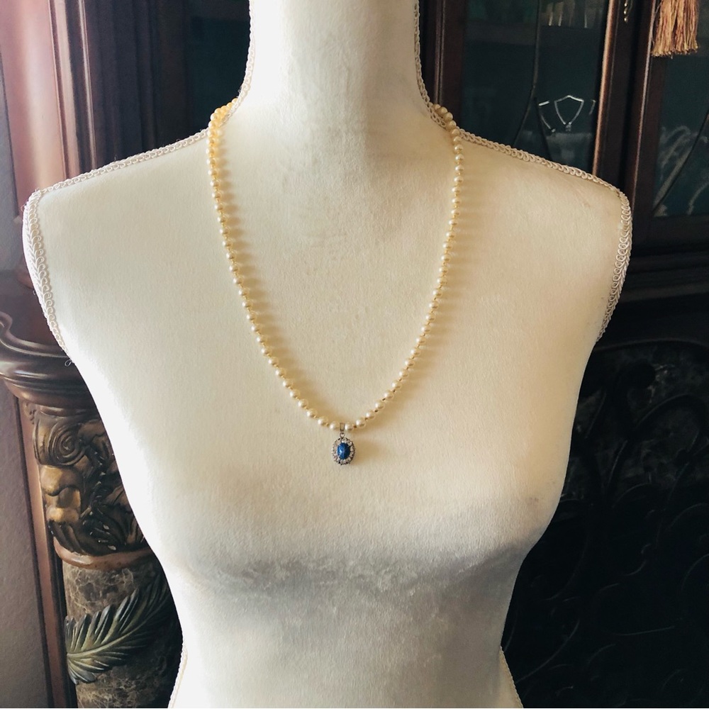 Vintage Germany hand knotted glass Pearl star sapphire pendant necklace - Picture 5 of 14